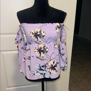 Purple Smocked Off-the-Shoulder Blouse with Flutter Sleeves